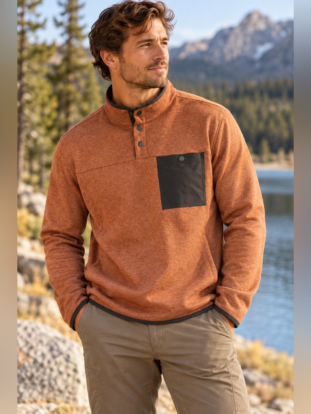 Duluth Trading Co Rust Snap-Placket Pullover with Black Chest Pocket